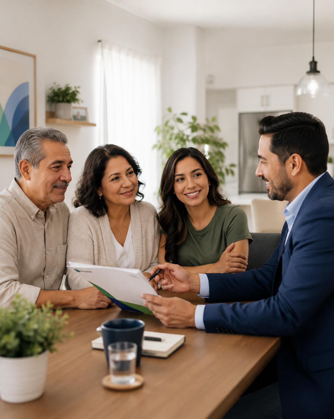 Familia hispana con asesor Alturex revisando su plan de protección Final Expense